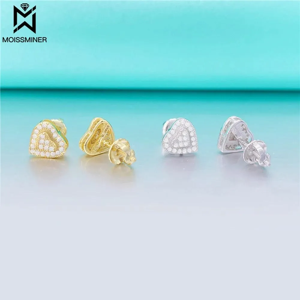 Charm Love Heart Vvs Moissanite S Earrings Sier Iced Out Real Diamond Ear Studs for Women Men Highend Jewelry Pass Tester Free