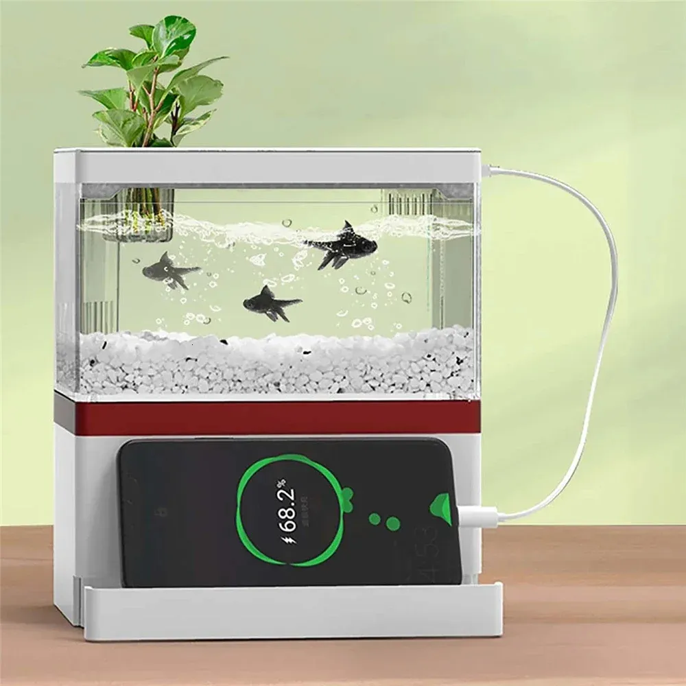 Desktop Mini Fish Tank med filter och LED Light Office Ecological Fish Tank med Telescopic Phone Rack Circulating Aquarium Box 240124