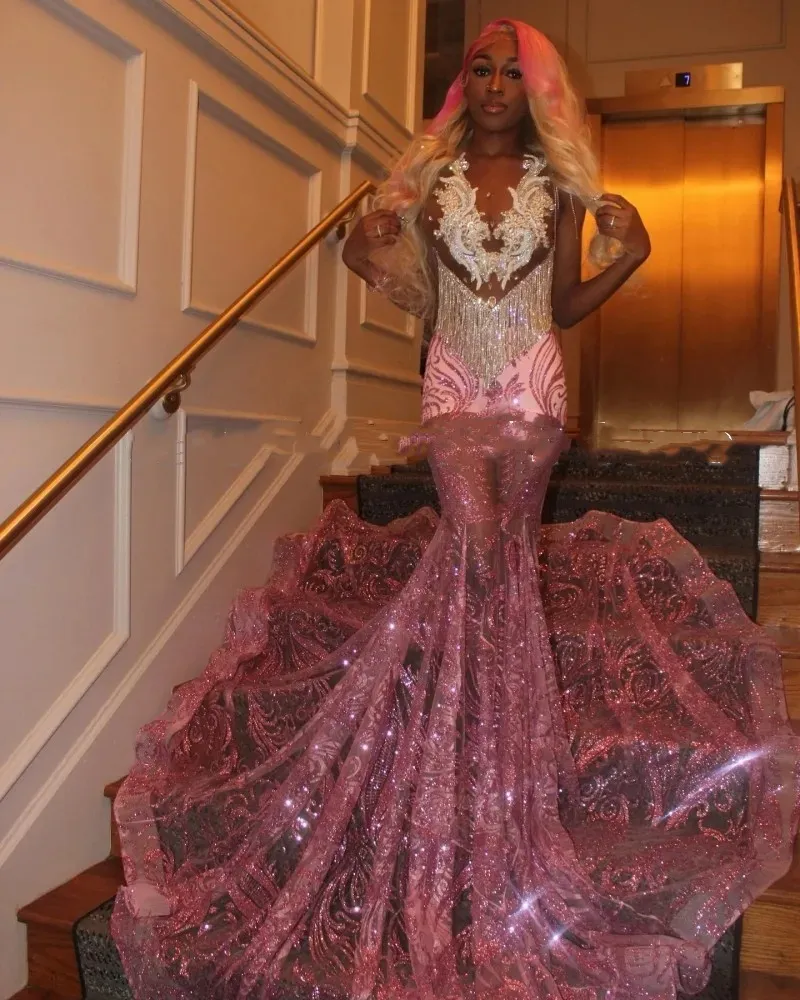 Sexy See Through Prom Dresses For Women 2024 Sequin Rhinestone Mermaid Party Gowns Black Girls Crystal Tassel Vestidos De Festa