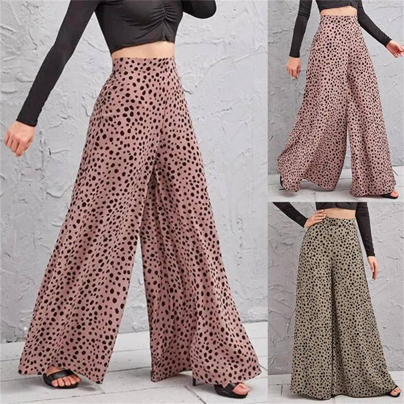 Женские брюки с леопардовым принтом, брюки большого размера, женские брюки-кюлоты с высокой талией, палаццо, широкие брюки, Femme, струящиеся повседневные брюки