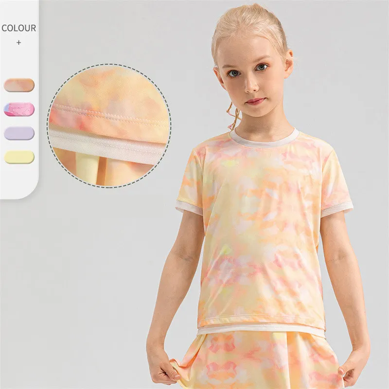 LL Kinder Yoga-Shirts Kurzarm für Mädchen Batik-Rundhalsausschnitt Atmungsaktiv Nahtlos Schnelltrocknend Kinder-Fintness-Sport-Sommer-T-Shirt ll33209
