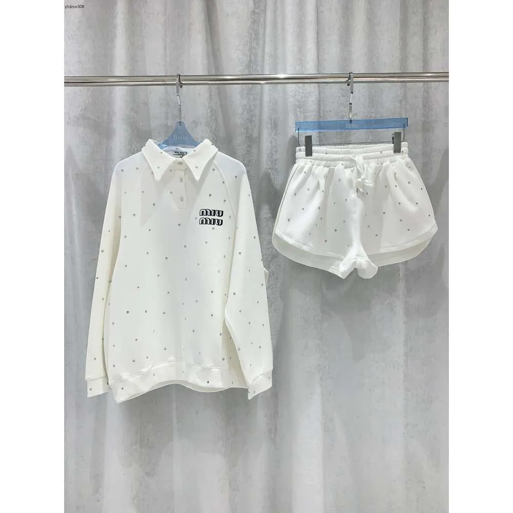 MM23 Early Spring New Fashionable Full Diamond Casual Flip Collar Hoodie+Straight Tube Elastic midjeshorts Set