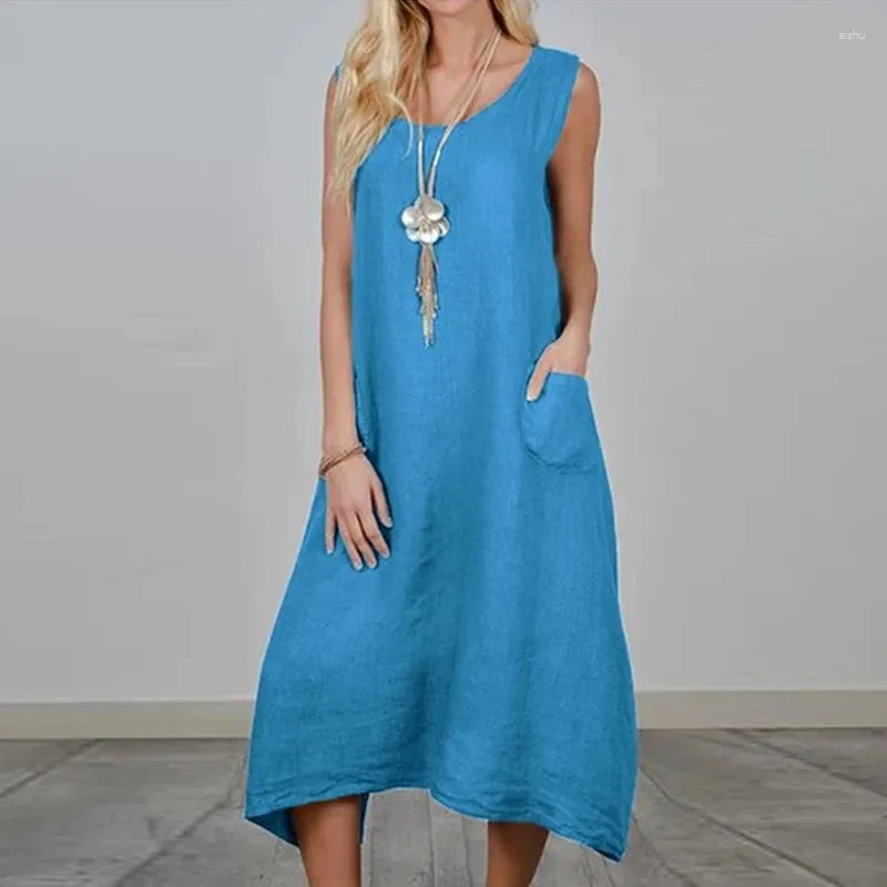 Casual Dresses Spring Summer Sleeveless Tank Maxi Dress Women Fashion U-neck Pocket Long Party Sexy Solid Loose Cotton Linen Boho