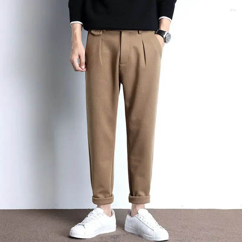 Trajes para hombre, pantalones de lana informales clásicos de otoño e invierno, moda de negocios, pantalones de corte Regular, rectos de cintura alta, 2024