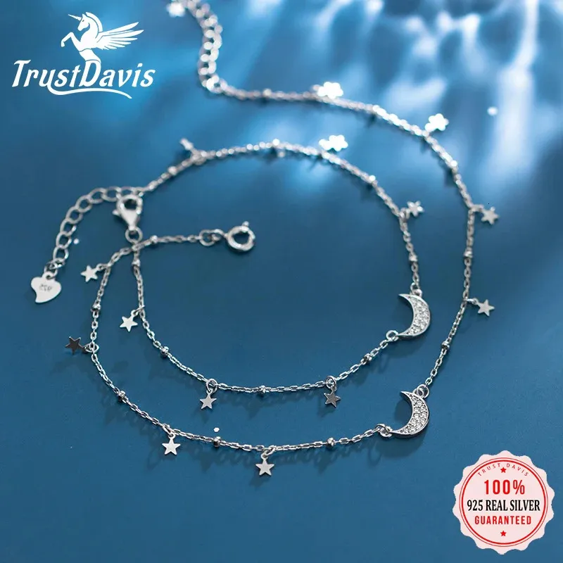 TrustDavis 925 Sterling Srebrna moda CZ Moon Star Bransoletka dla kobiet drobna srebrna biżuteria Prezent DA623 240118