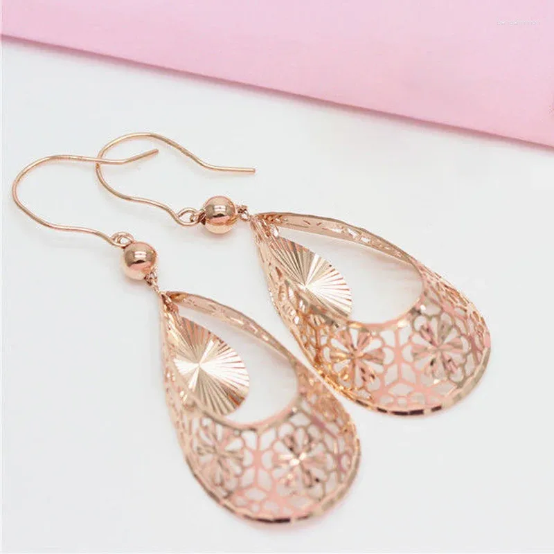 Pendientes colgantes chapados en oro rosa de 14 quilates exquisito 585 púrpura moda étnica gota de agua borla para mujeres joyería de compromiso de flores