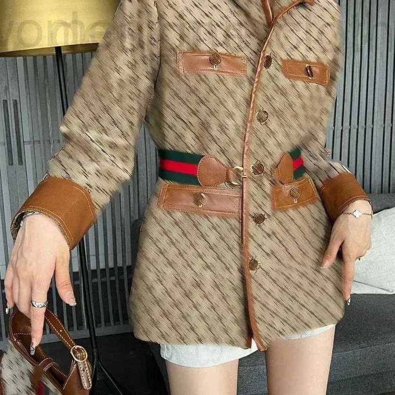 Women's Jackets Designer luxury High end women Heavy Industry Quality the New Style Old Flower Alphabet Splice Leather Coat with Horse Buckle Belt in Autumn