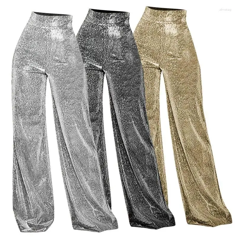 Calças ativas glitter feminino brilhante calças casuais brilhante volta zíper solto alargamento sino inferior noite fora clubwear