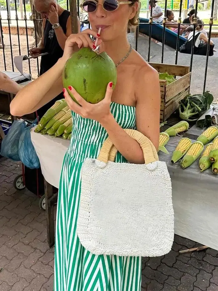 Green Striped Strapless Strapless Maxi Dress Casual for Women - Slim Patchwork Sleeveless Robe for Casual and Party Fashion - Summer 2024 Collection