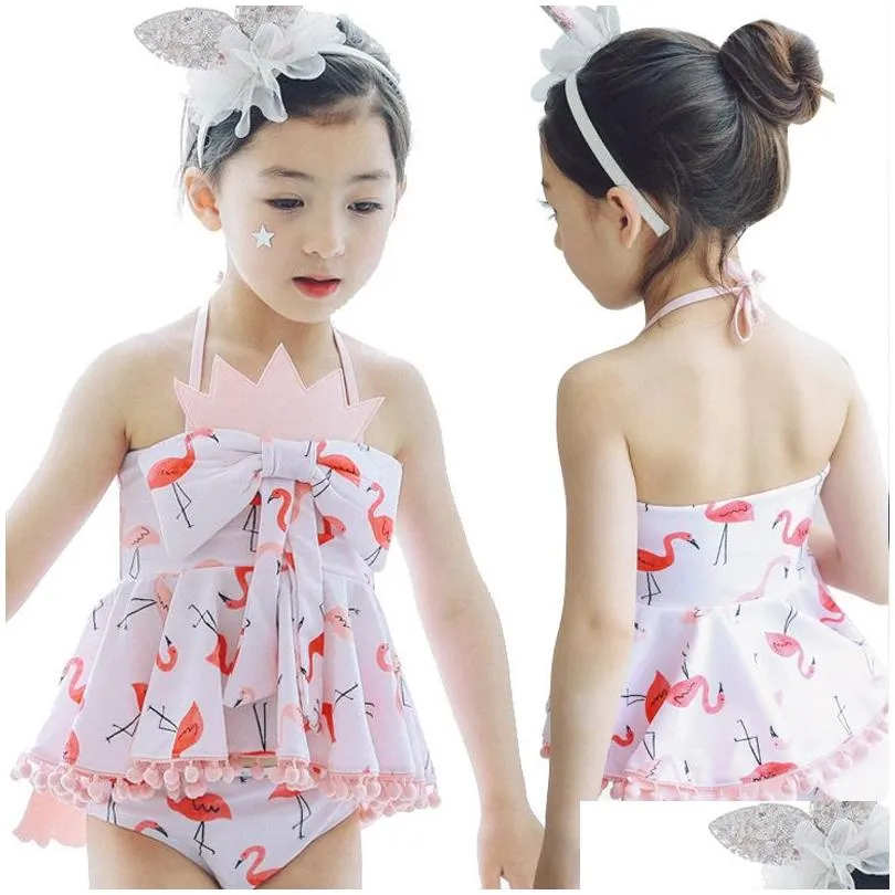 Two-Pieces Girls Swimming Set Cartoon Flamingo Swimwear Suits Girl Sun Bathing Spring Swim Sets Bow Tank Tops Underpant Shorts With Ca Dhpan