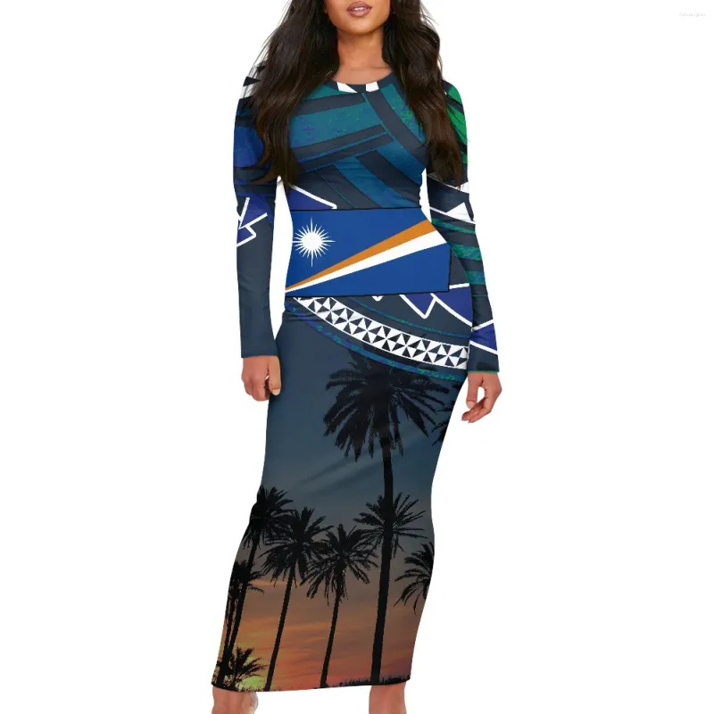 Robes décontractées Polynésien Marshallese National Style Automne Vintage Coco Tree Prints Femmes Mode Sexy À Manches Longues Mini Robe O Cou