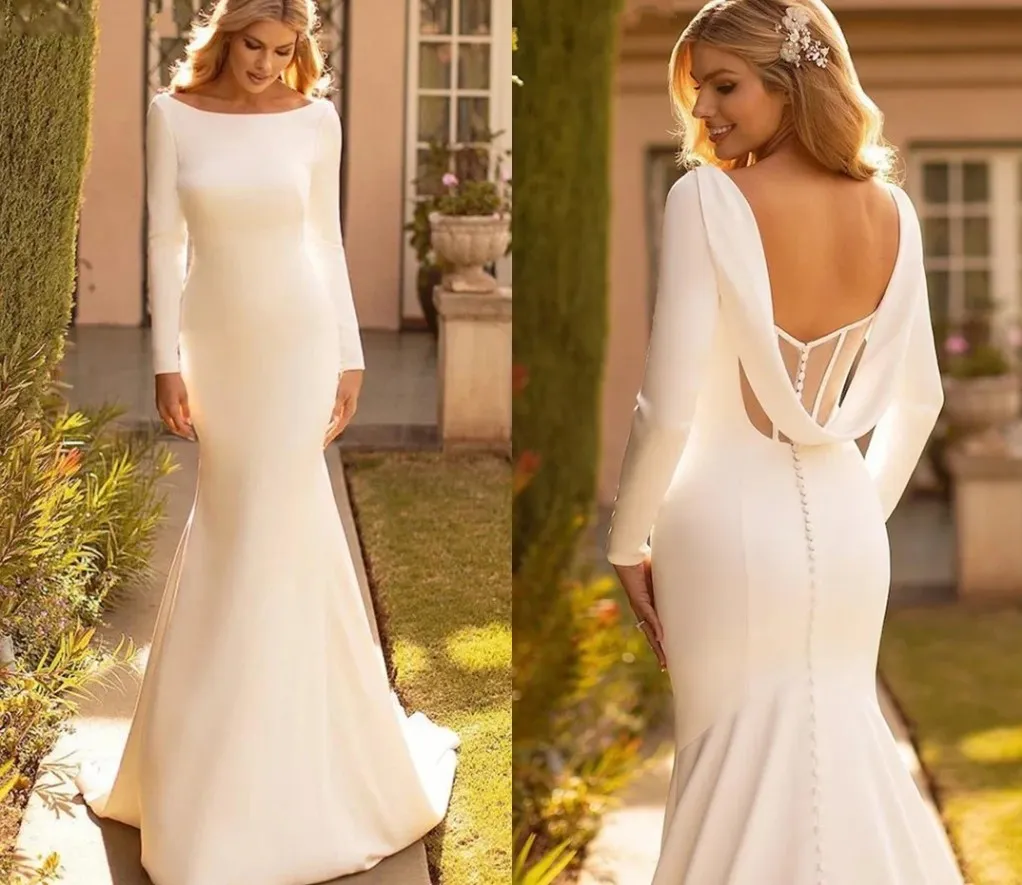 2024 elegante sereia vestido de casamento cetim cowl voltar o-pescoço vestido de noiva simples branco mangas compridas vestidos de novia