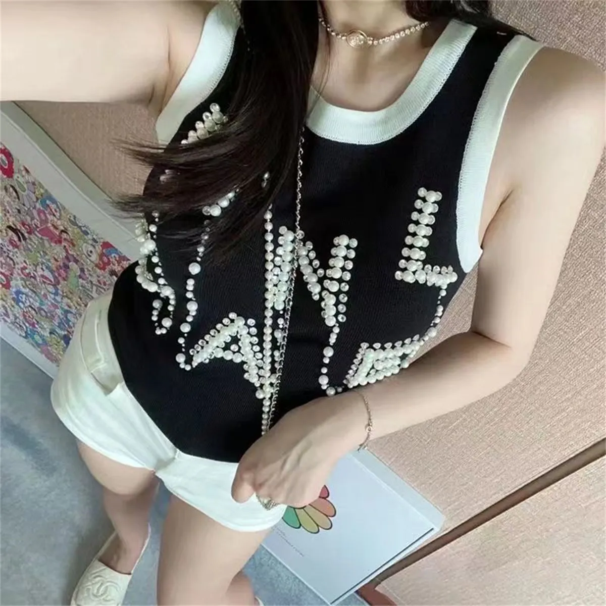 Black Cotton Polka Dot Backless Tank Top One Shoulder Strap Summer Fashion Unisex
