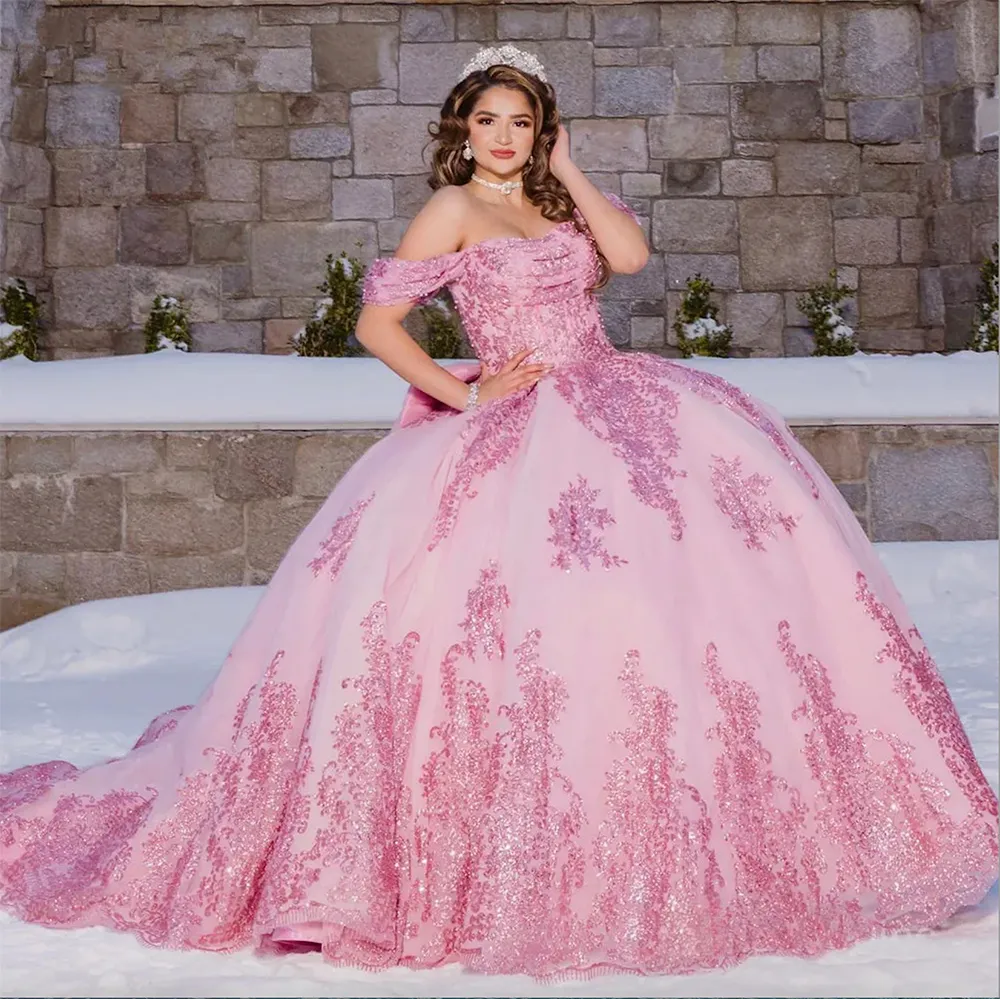 Rosa gillter quinceanera vestidos de baile doce 15 16 anos espartilho rendas princesa vestido de baile vestidos de 15 anos anos