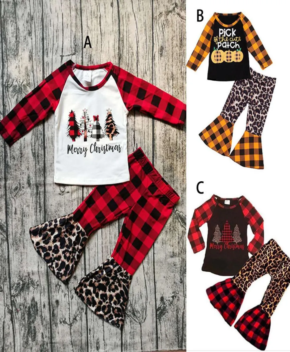 Natale Halloween Set di abbigliamento per bambini Stampa zucca Manica lunga Top Plaid Pantaloni leopardati scozzesi 2 pezzi Set Abiti per neonati M27173862668