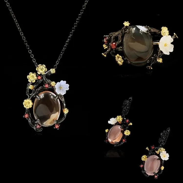 Conjuntos de moda de oro negro de tres piezas, anillo de diópsido de huevo de ganso, collar, pendientes, joyería de fiesta de boda para mujer, joyería de flores