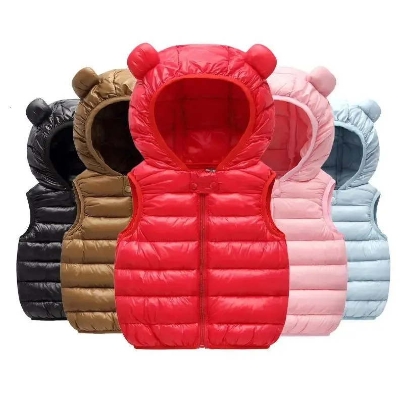Теплый пуховый жилет для маленьких мальчиков и девочек, осенне-зимний хлопковый жилет с ушками, детская верхняя одежда, детская одежда, куртка с капюшоном, жилеты 240122