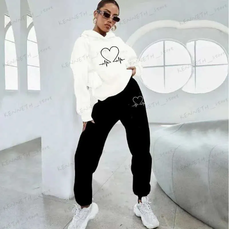 Men's Hoodies Sweatshirts Winter Two Piece Sets Women Tracksuit Oversized Suit Autumn Trouser Suits Female Sweatshirt Cute Heart printed Hoodie Sportswear T240126