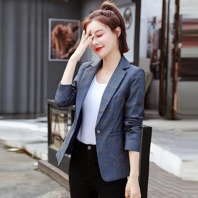 Garnitury damskie S-3xl Kobiet Blazer Jacket Plaid Slim Spring Autumn Casual Office Prace plus rozmiar ciemnoniebieski szary