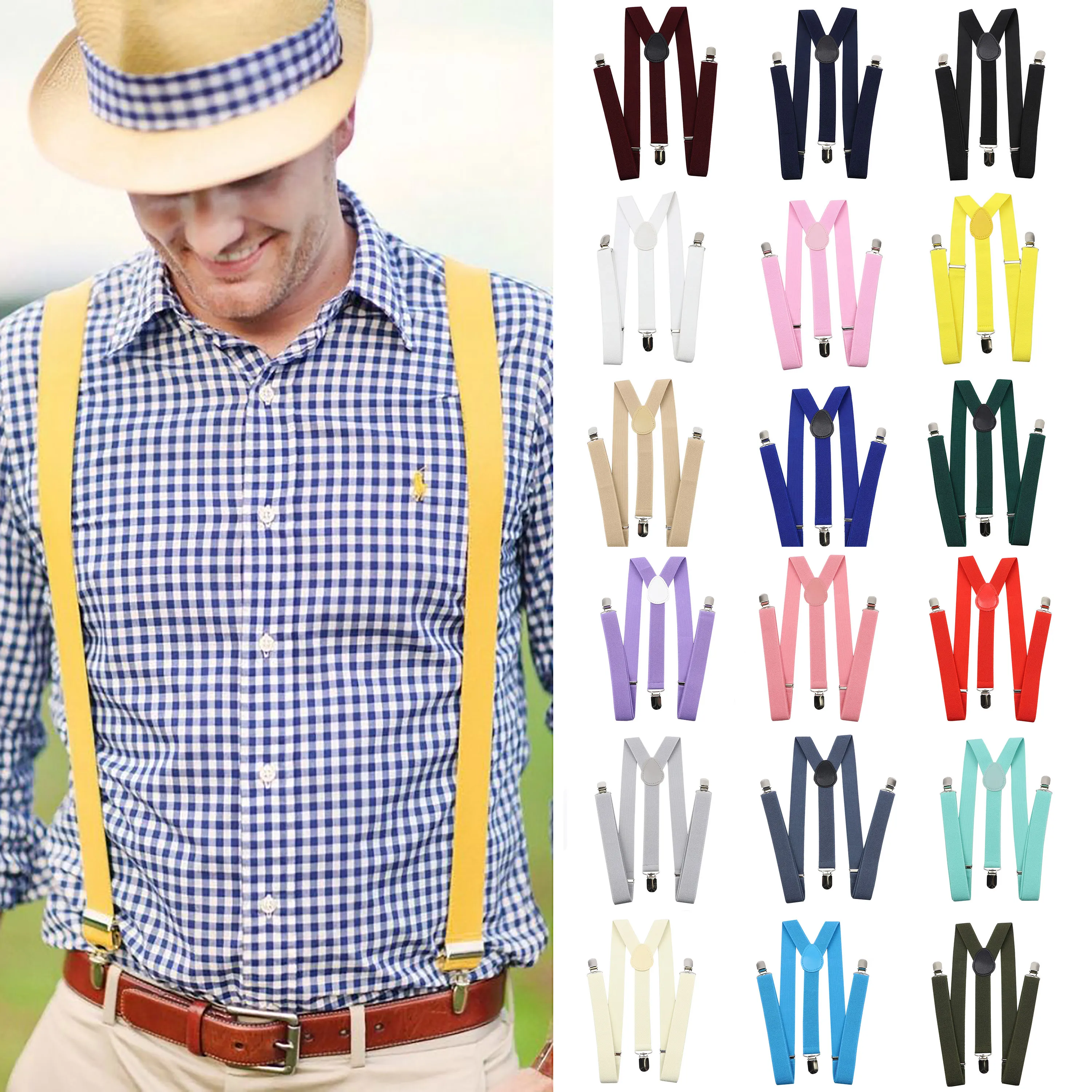 Solid Color Unisex Suspenders Clip-On Buckle Men remmar Justerbara elastiska Y-back-hängslen för bröllopsdräkt kjolstillbehör gåva