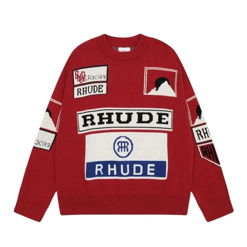 Rhude Sweater Designer Original Qualité Femmes Chandails High Street Sunset Jacquard Lettre Col Rond Tricots Lâche Casual Hommes Et Femmes Top