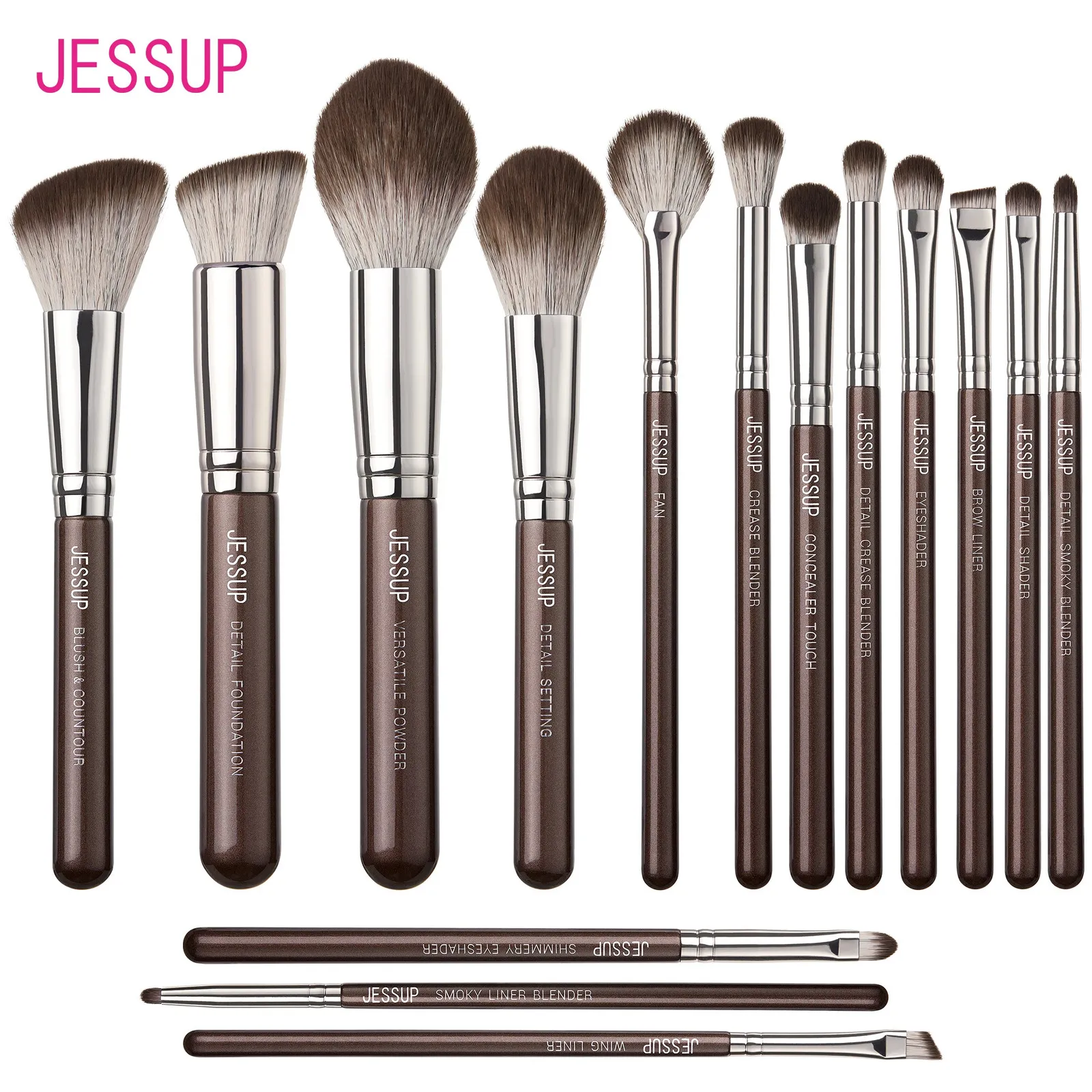 Jessup Set di pennelli per trucco 15 pezzi Marrone Make up Fondotinta vegano Frullatore correttore in polvere Ombretto Evidenziatore Pennello T498 240124