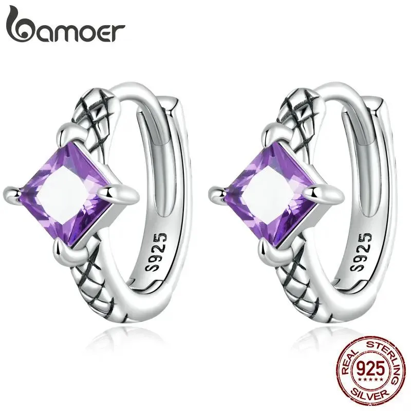 Earrings Bamoer 100% 925 Sterling Silver Purple Zirconium Snake Pattern Ear Buckles for Women Fine Jewelry Luxury Brand Earrings Gift