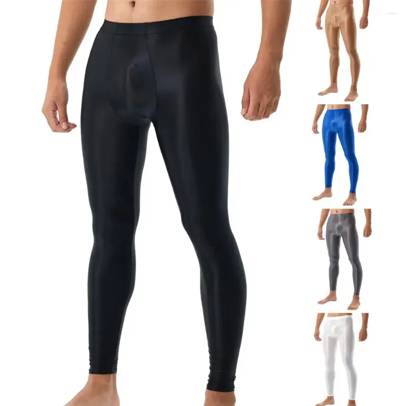 Men's Pants Elastic Silky Smooth Slim Fit High Long Johns Leggings With U Convex Bulge Pouch Soft Breathable Mid Waist