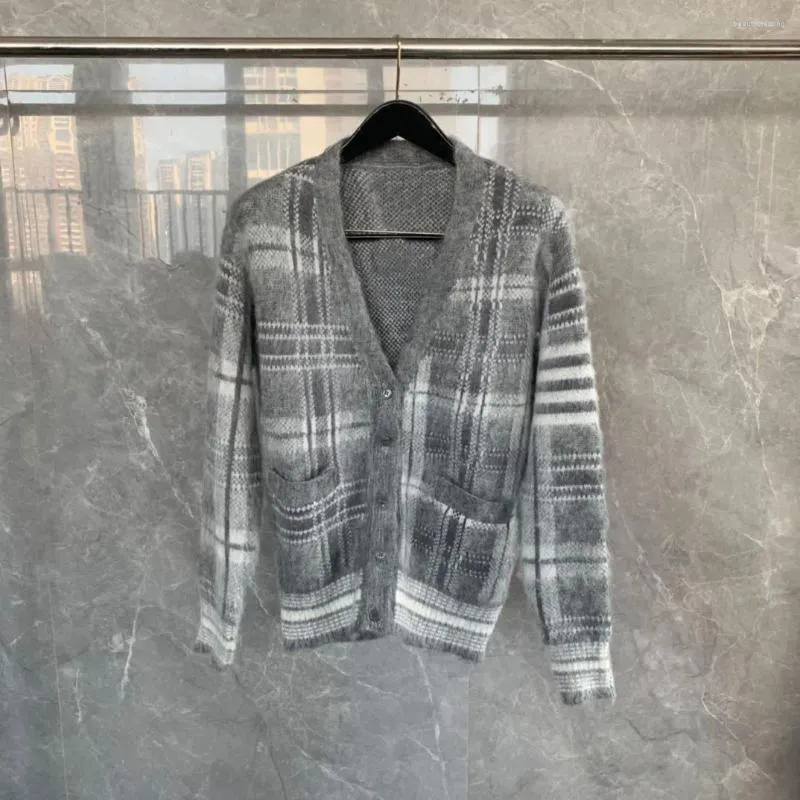 Men's Sweaters Cardigan Mohair Matching Color Plaid V-neck Sweater Coat Women's Autumn And Winter Loose Lazy Wind All Over The Top