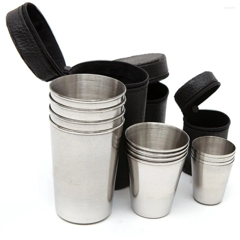 Mugs 4Pcs Stainless Steel Travel Cup Portable Washable Camping Picnic Wine Drinks Water Bottle With Storage Bag Small