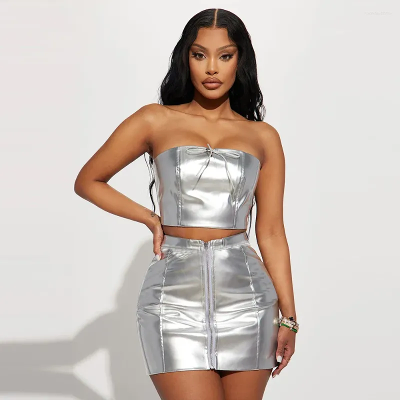 Casual Dresses Fashion Spring Summer Woman Sexy Low Cut Silver Dress Set Office Lady Zipper Wrap Hip Skirt Clothing Girl Gift Dr370