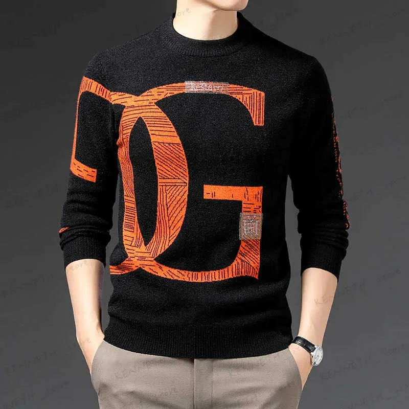 Men's Sweaters Light Luxury Velvet Knitted Pullover 2023 Winter O-Neck Embroidery Print Long Sleeved Designer Warm Sweaters Men's Clothing Tops T240126