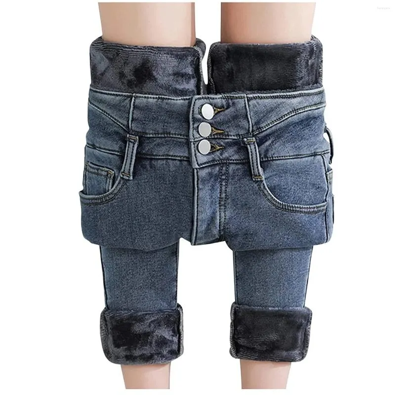 Kvinnors jeans kvinnor denim plus sammet tjock lamm ull leggings kvinnliga lastbyxor utomhus höst vinter hög midja varm