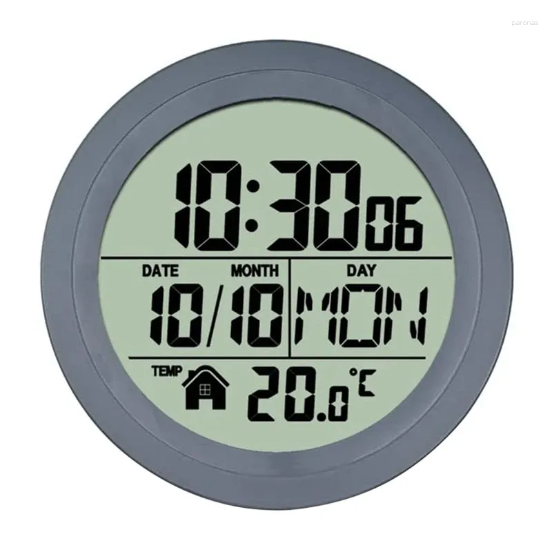 Relógios de parede 1 peça sem perfuração ventosa relógio cinza casa à prova d 'água banheiro cozinha lcd display digital detector de temperatura