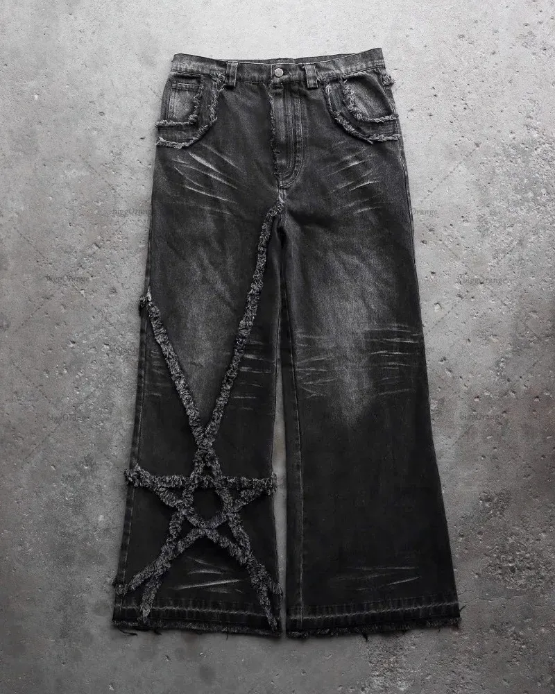 High Street rétro étoiles fourrure jeans hommes y2k Goth Harajuku mode taille haute baggy jean décontracté jambe droite pantalon large 240122
