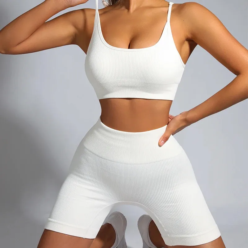 White Ribbed Yoga Shorts Set Seamless Sports Suits Fitness Workout Clothes For Women Sportswear Sexig Crop Top Gym Wear Female 240119