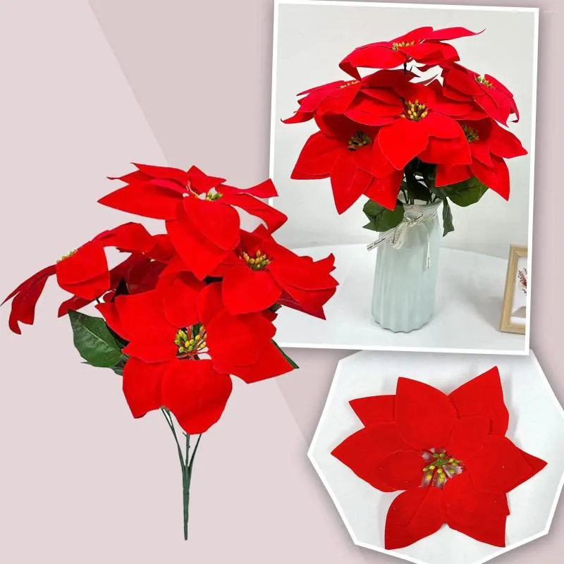 Decorative Flowers Christmas Silk Red Bushes 7 Heads Velvet Floral Bouquet With String