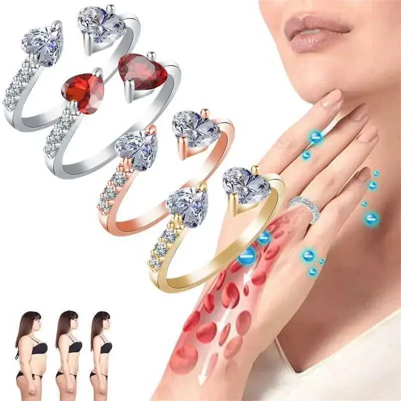 Band Rings Fashion Double Heart Love Quartz Crystal Ring Ionix Therapy Quartz Open Ring for Women Therapy for Weight Loss Lymphatic Ring 240125