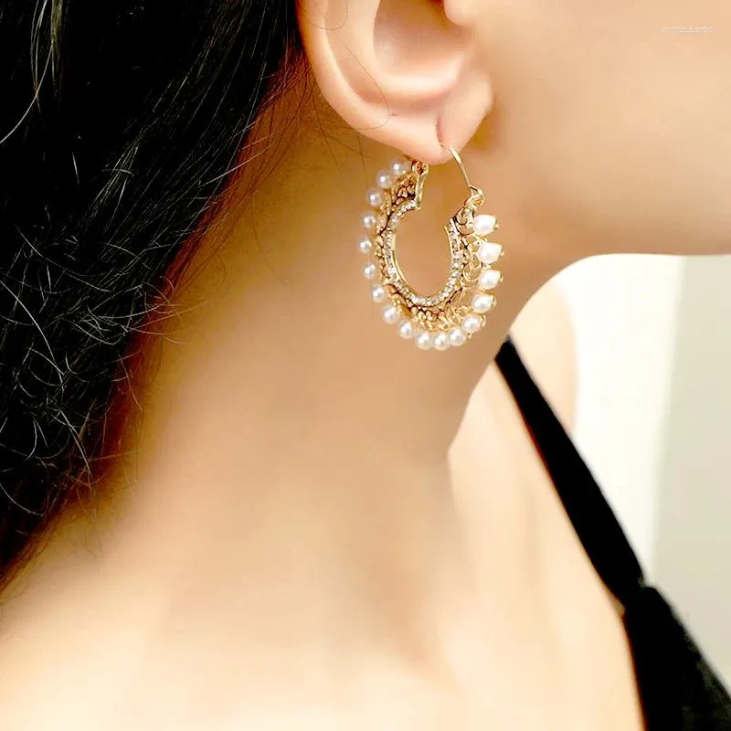Orecchini a cerchio 1 paio di strass femminili rotondi cavi scintillanti stile elegante perla sintetica gioielli bohémien compleanno alla moda