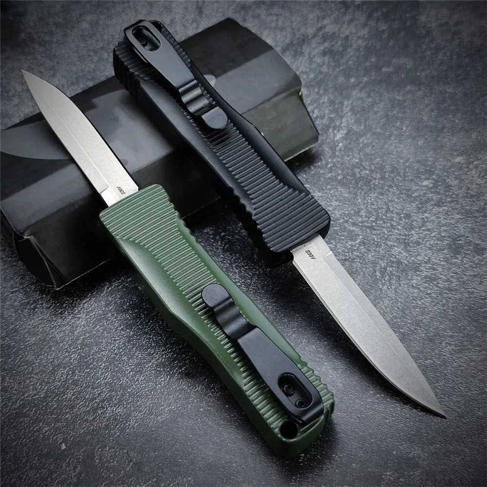 High Quality BM 4850-1 Om AUTO Folding Knife 440C Satin Clip Point Blade Zinc Alloy Handle Automatic Knife Outdoor Tactical Defense Camping Tool for Gift Knife 3300 535