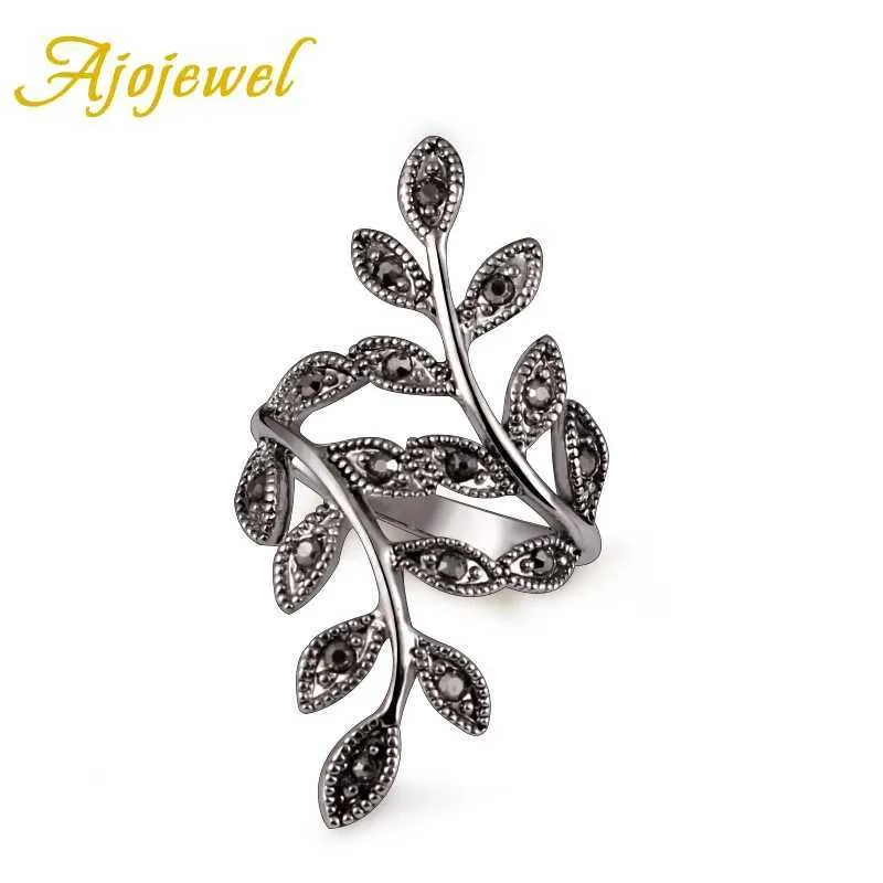 Band Rings Ajojewel Women's Black Rhinestone Antique Leaf Ring Size 6-10 Hot Selling Vintage Female Jewelry Wholesale 240125