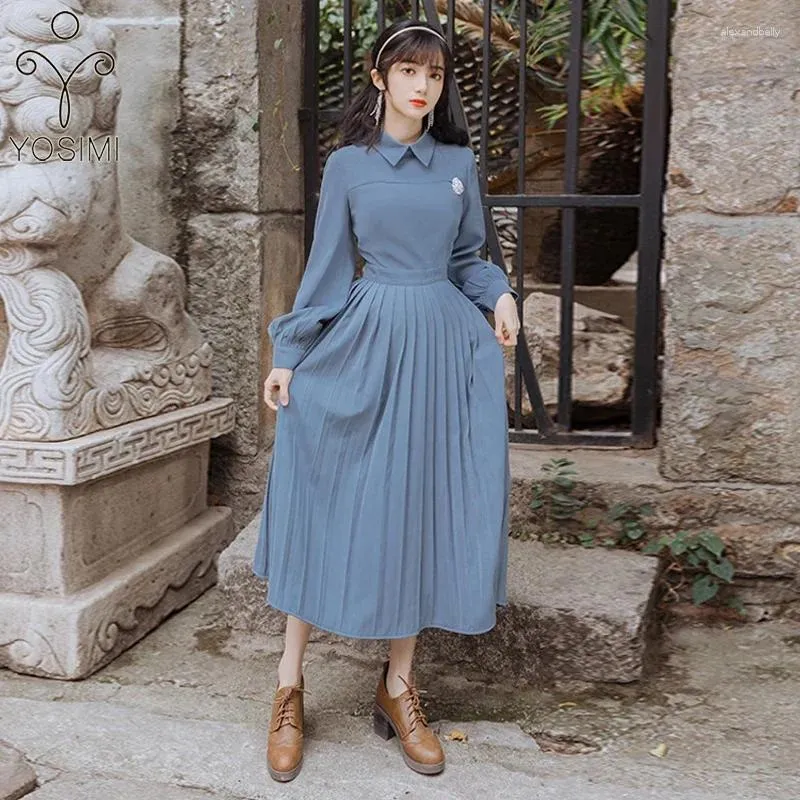 Casual Chiffon Dress 2024 | Womens Pleated Mid Calf Blue Turn Down 