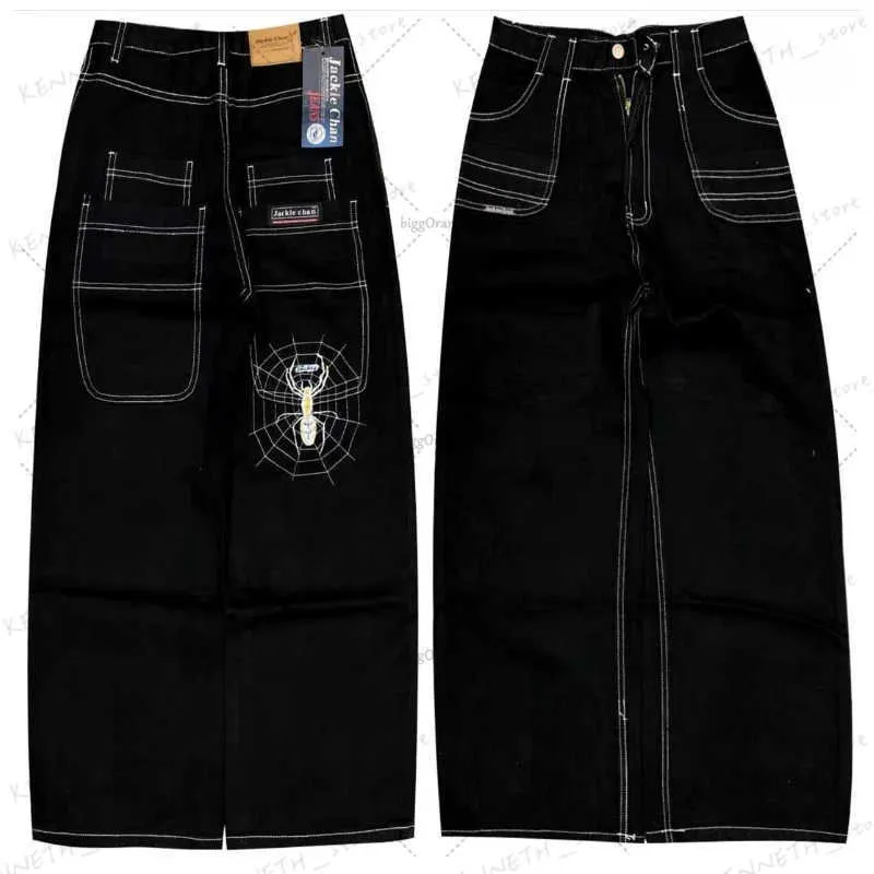 Jeans pour hommes Modèle de dessin animé araignée Jeans brodés femmes 2023 été nouveau noir rue Jeans décontractés Hip Hop femmes taille haute pantalon large T240126