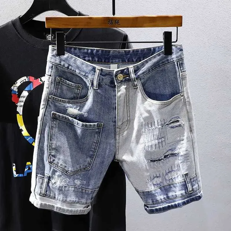 Shorts masculinos de luxo, slim fit, remendos desgastados, calças clássicas de cowboy com vários bolsos e patchwork elástico, shorts jeans lavados J240124