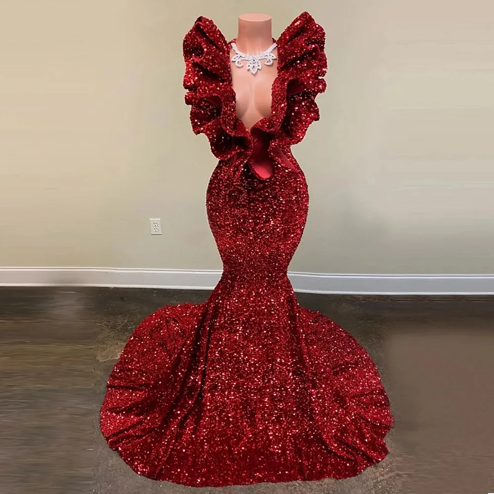 2024 Burgundy Sequin Prom Dress Ruffles V Neck Mermaid Black Girl Evening Formal Gowns Birthday WearvAfrican Robe De Soiree Vestidos De Fiesta