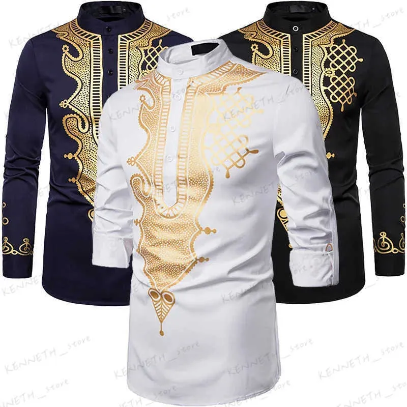 Men's Casual Shirts Ethnic Style Men Casual Long Sleeve Luxury Gold Floral Print Henley Shirt Stand Collar African Dashiki Shirt T240126