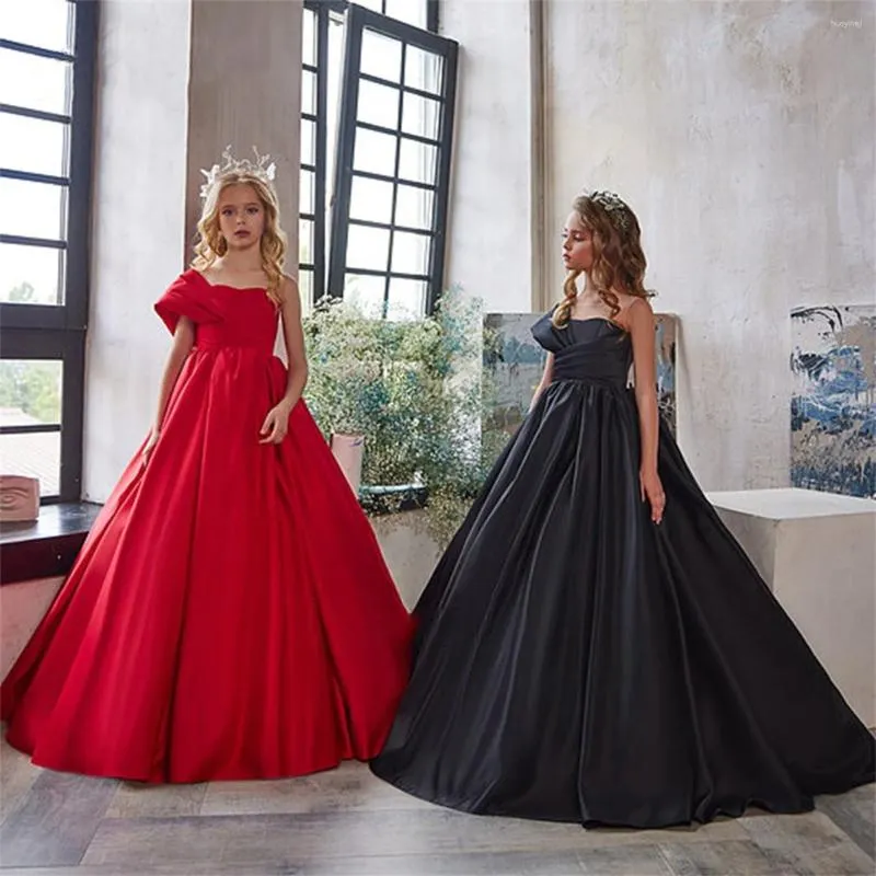 Robes de fille en Satin uni, robe à fleurs élégante, noire/rouge, asymétrique épaule dénudée, robes de bal de fête d'anniversaire pour enfants seniors