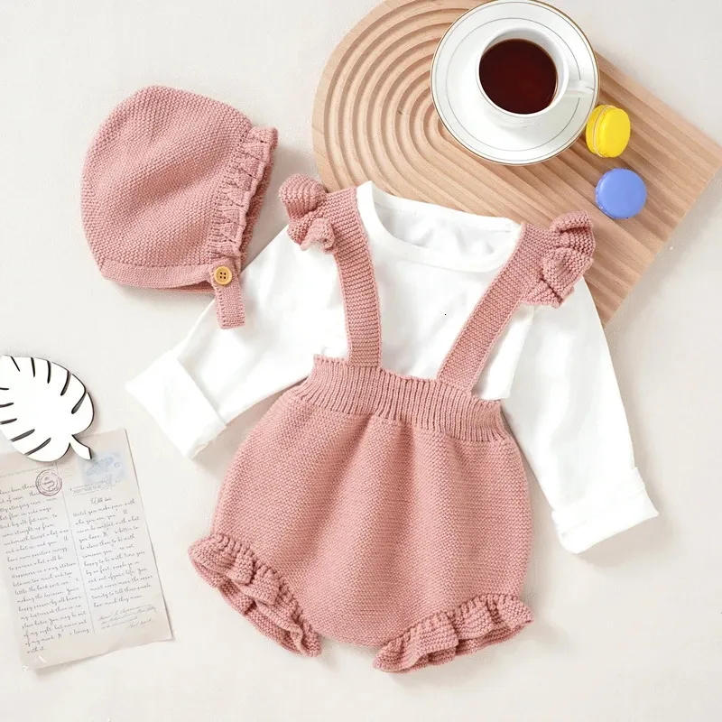 Baby Bodysuits Knitted Summer born Girls Jumpsuit Outfits Fashion Ruffles Infant Toddler Clothing Hat 2PC Solid 0-18M Onesies 240119
