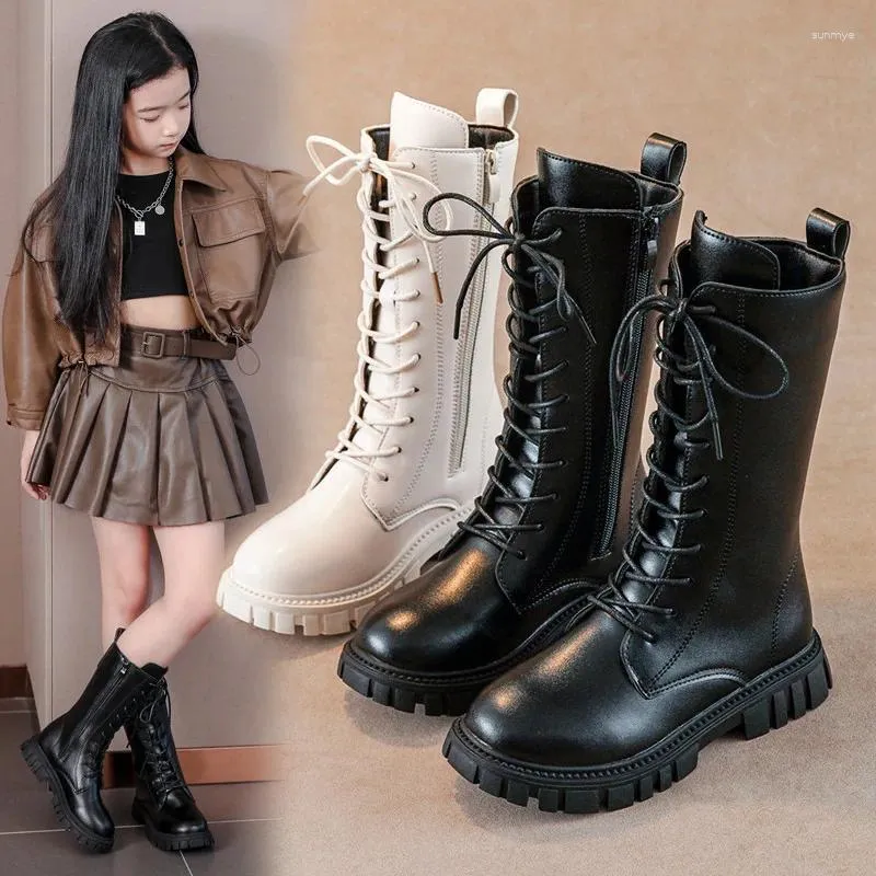 Boots White Black Children's Knee-high For Girls Leather Shoes Zipper Lace-up 3-13Years Old Kids Fashion Autumn Winter