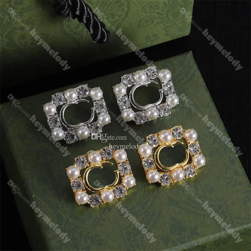 New Diamond Pearl Earrings Women Square Crystal Hoop Earrings Designer Double Letter Dangler With Box